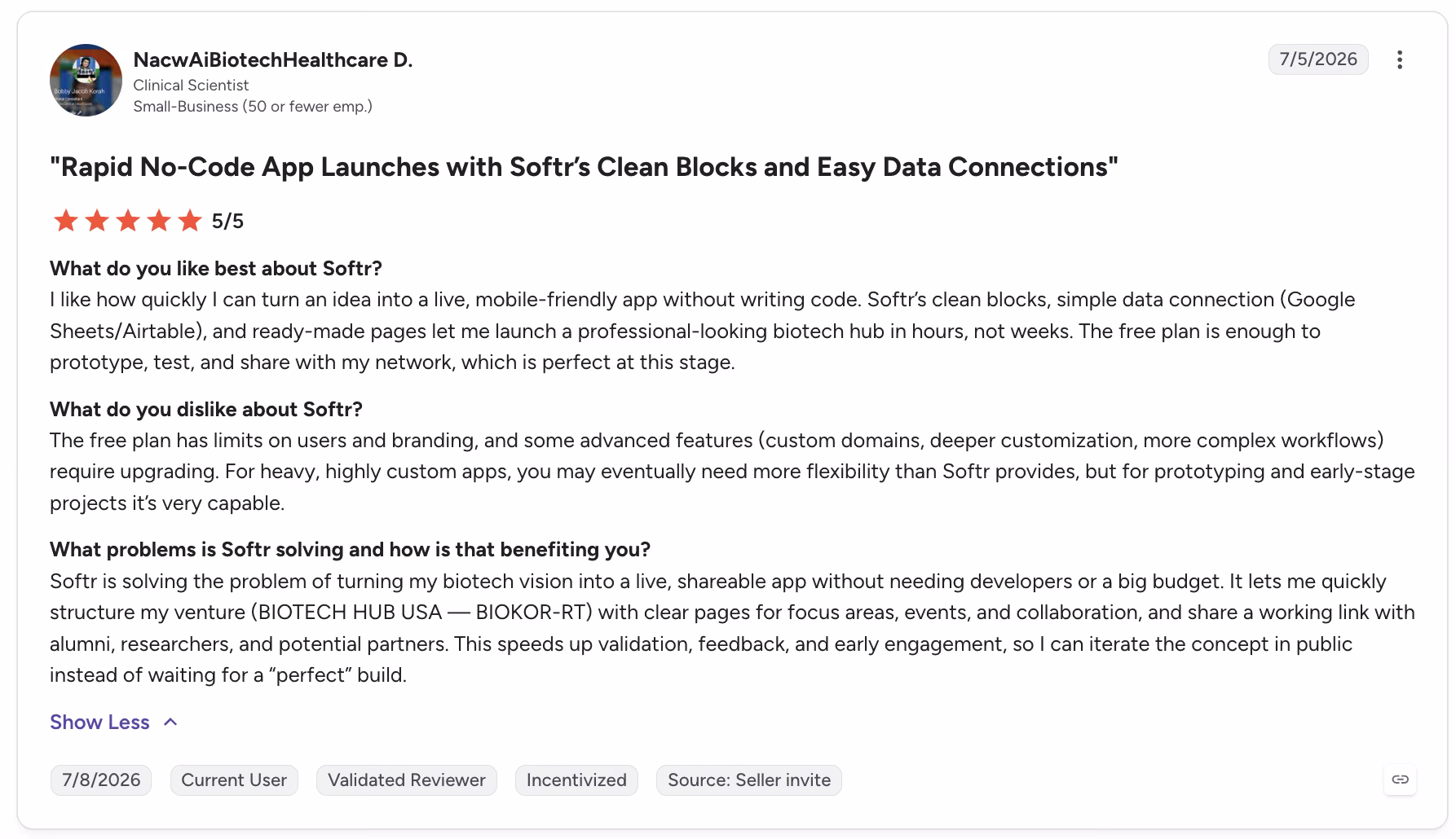 softr user review nacwaibiotechhealthcare