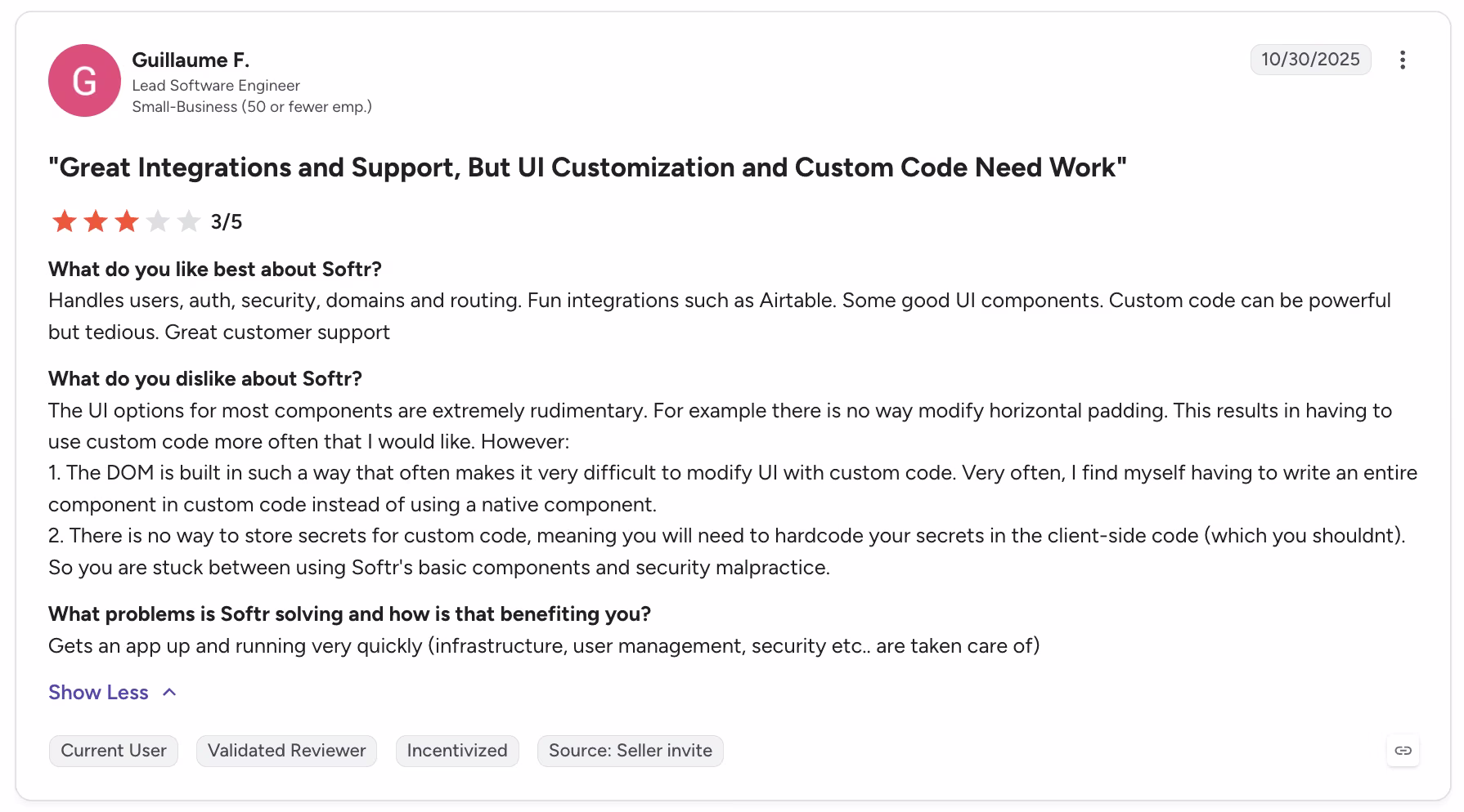 softr user review guillaume