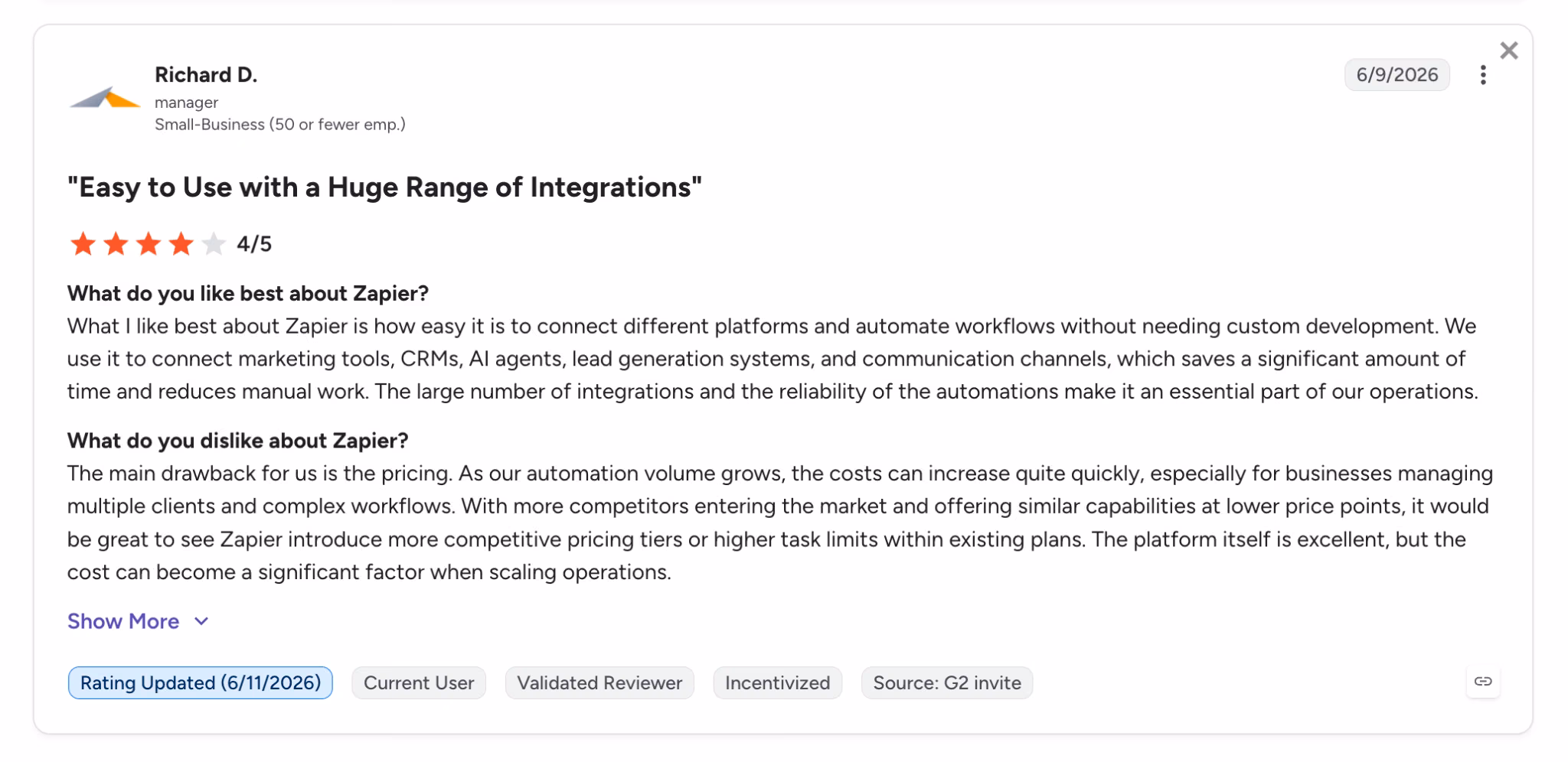 zapier user review richard