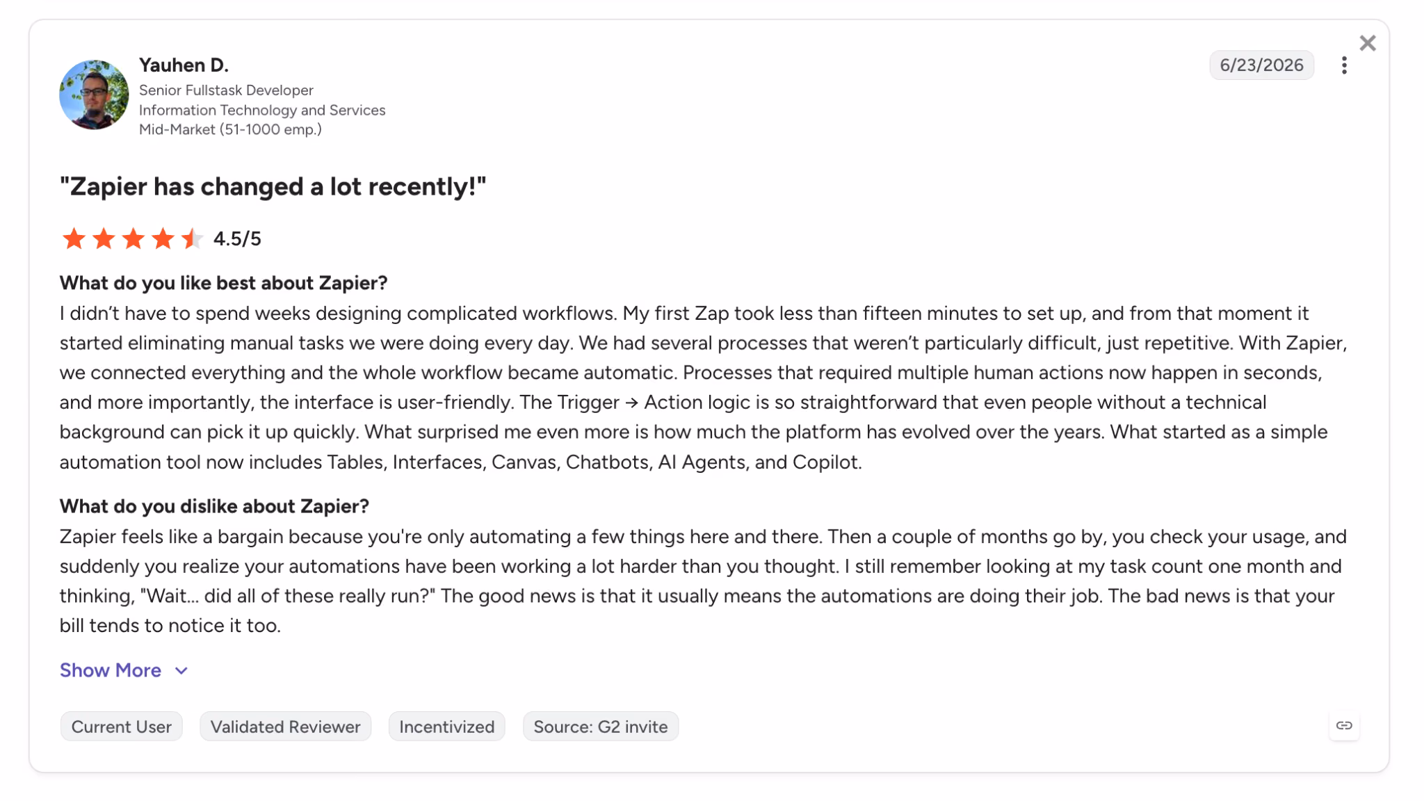 zapier user review yauhen