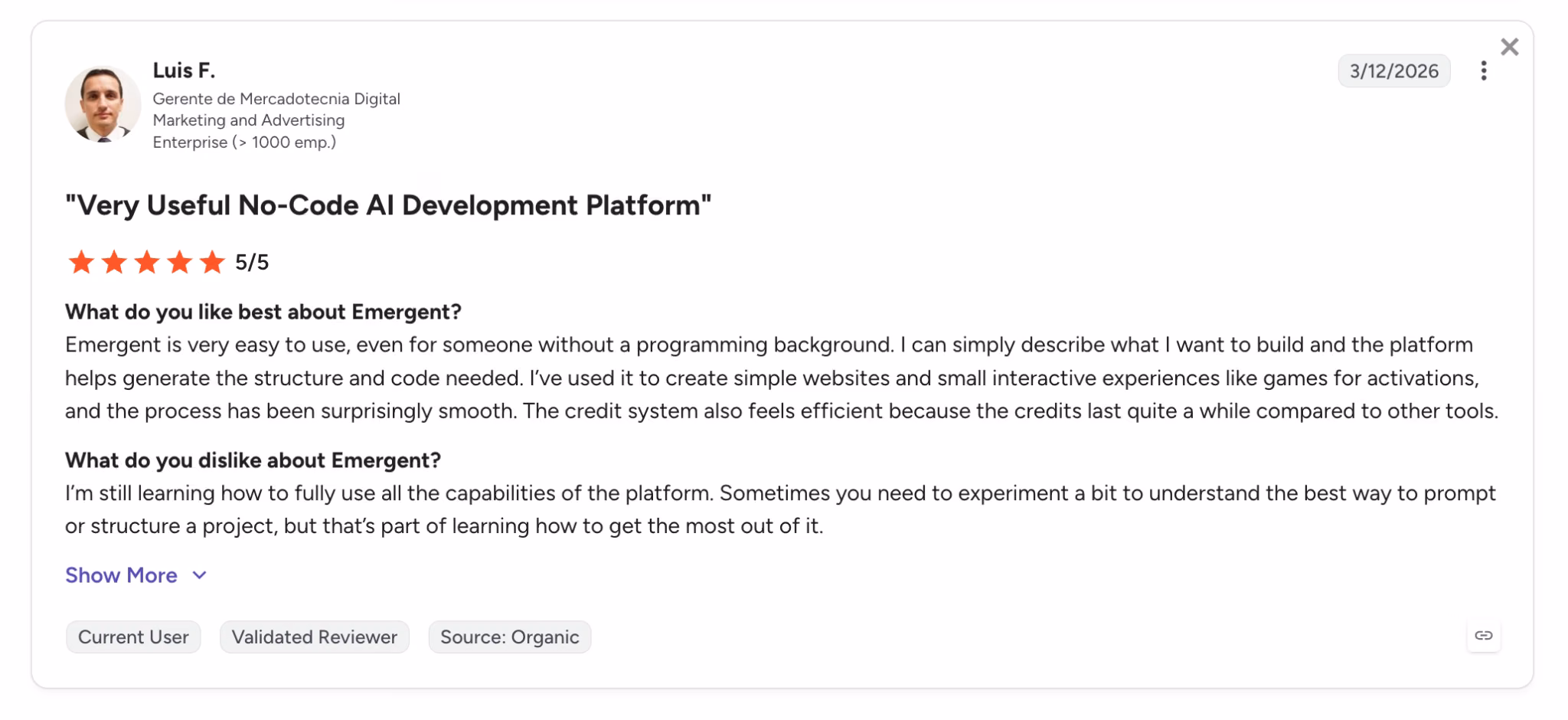 emergent user review luis