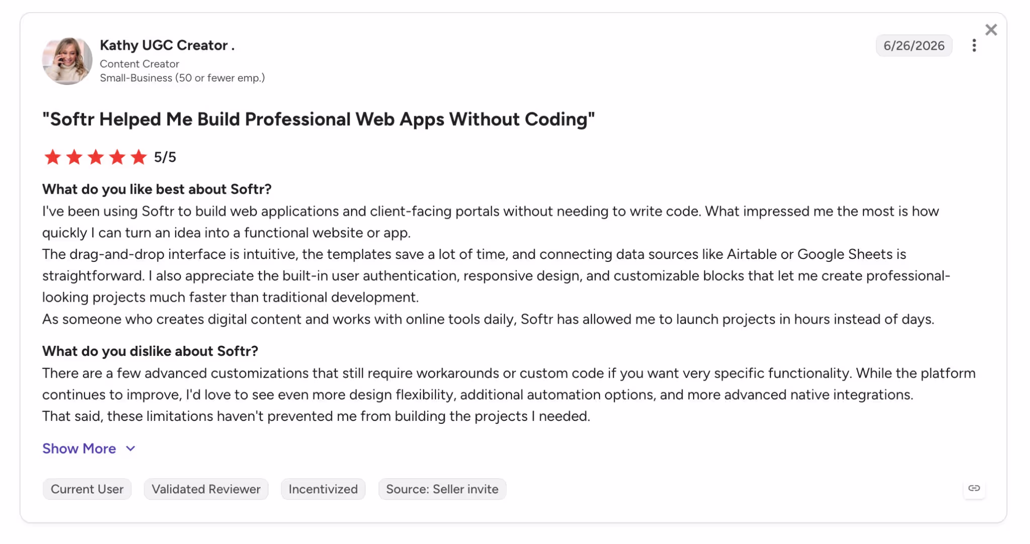 softr user review kathy UGC Creator