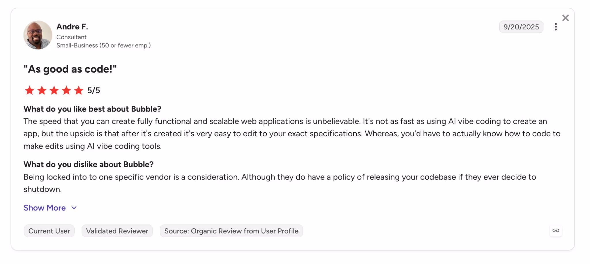 Andre review of bubble on trustpilot