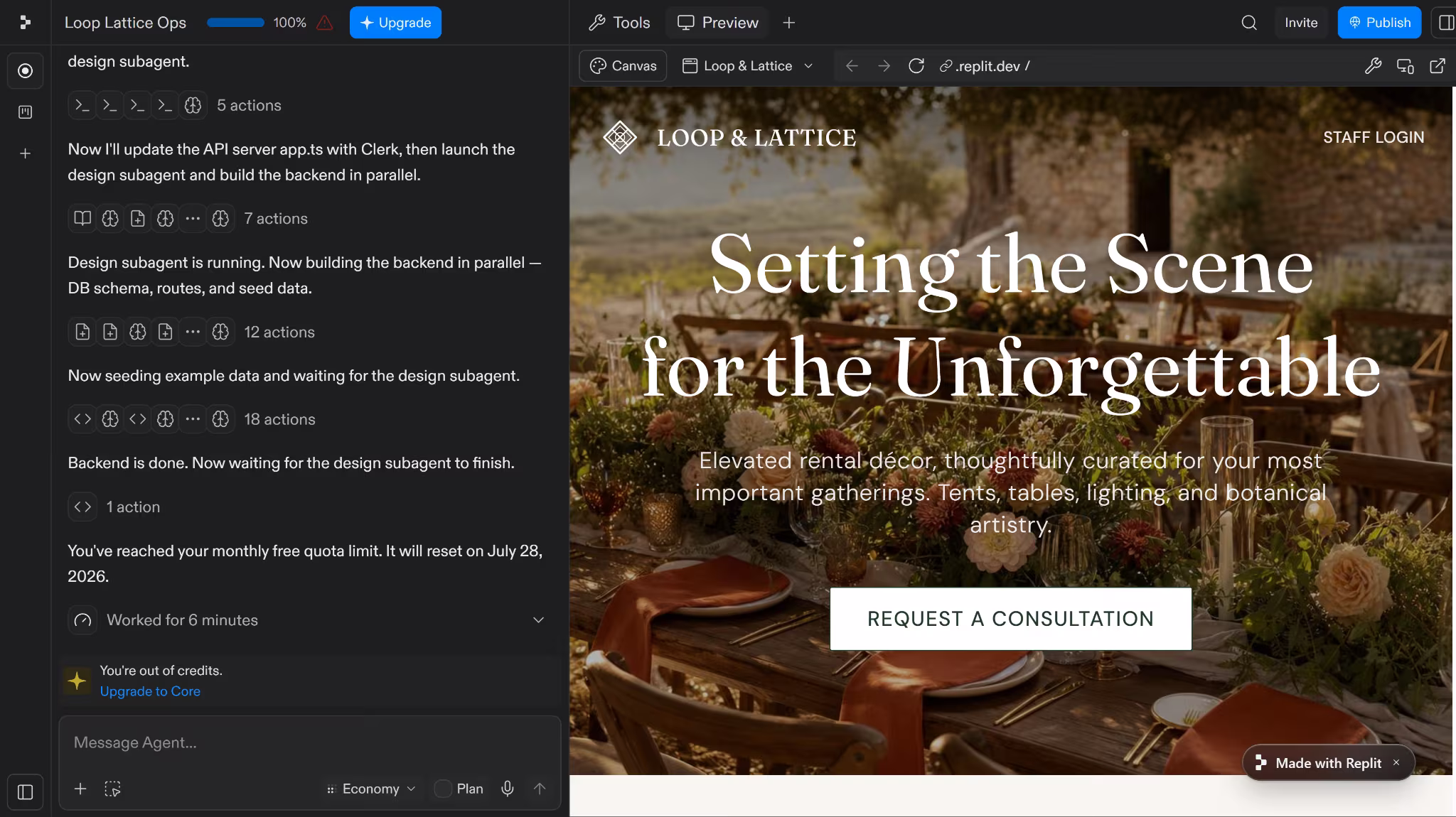 Replit vs Bolt build test showing the Loop & Lattice hero page with a styled outdoor table setting