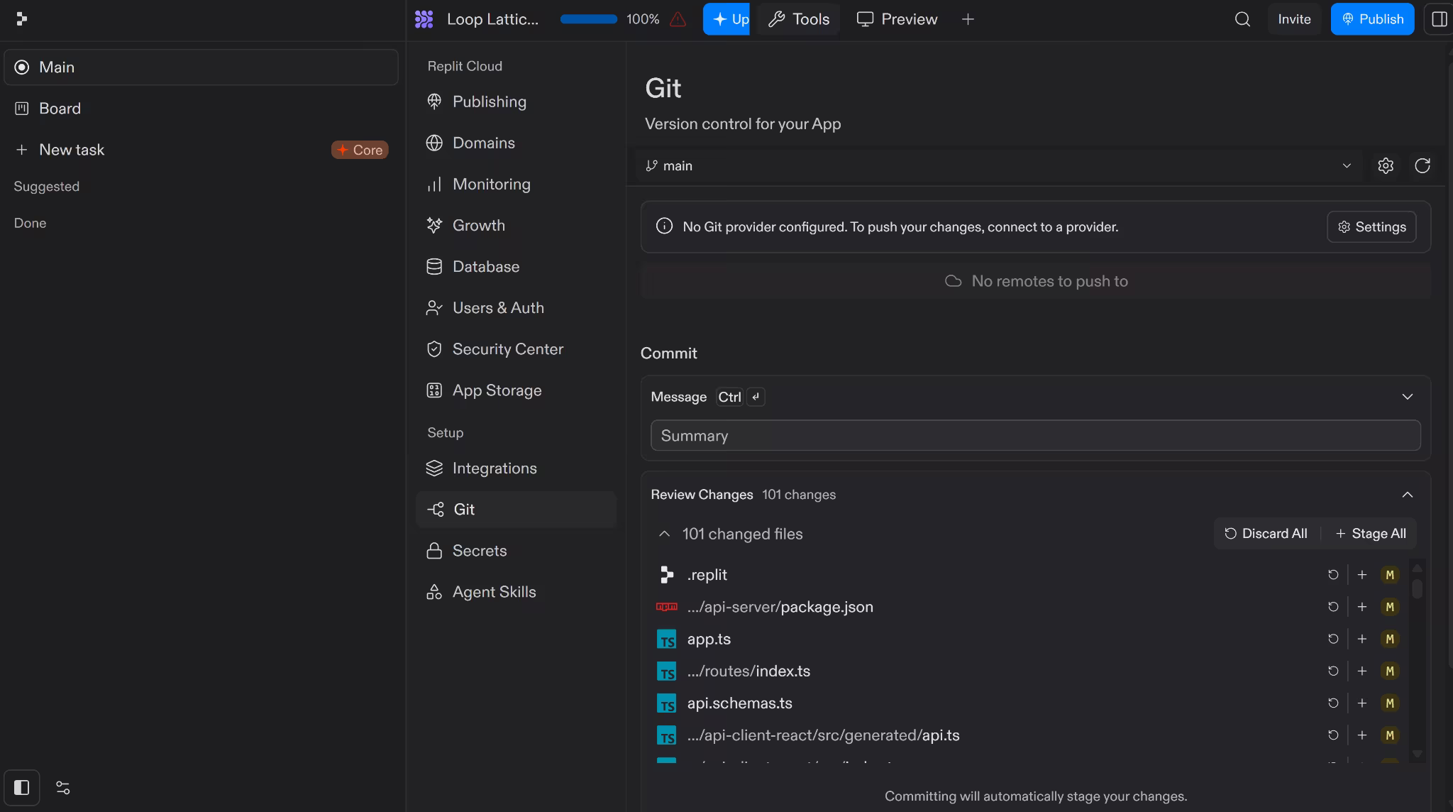 Replit version control showing changed project files, commit tools, and repository connection options