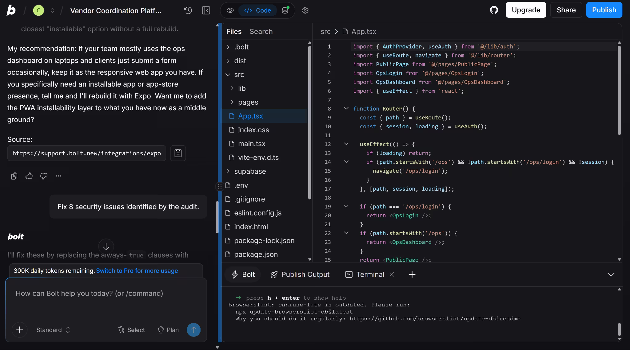 Bolt code access showing editable project files, a browser terminal, and the GitHub option in Code View.