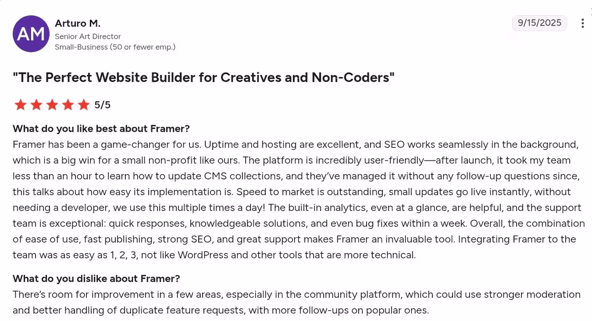 framer user review arturo from g2