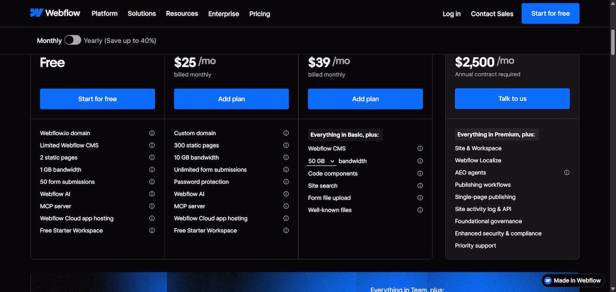 webflow pricing