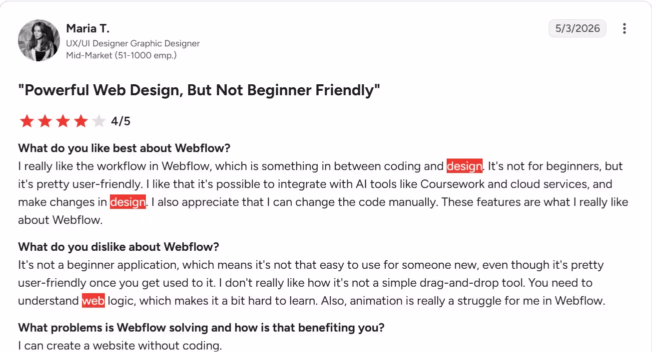 webflow g2 review maria t