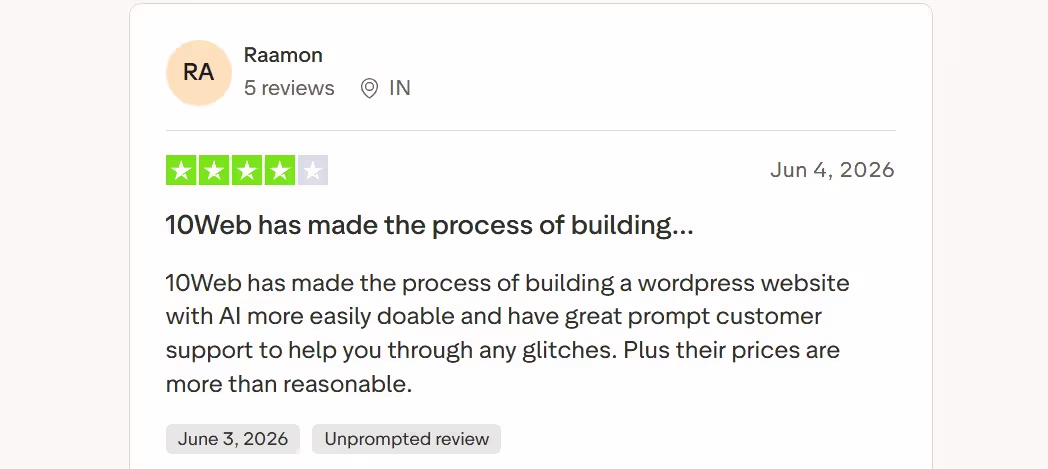 10web trustpilot review raamon