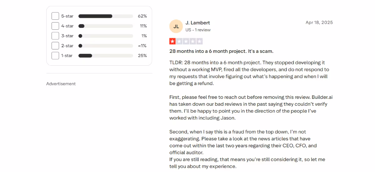 builder ai review by lambert on trustpilot