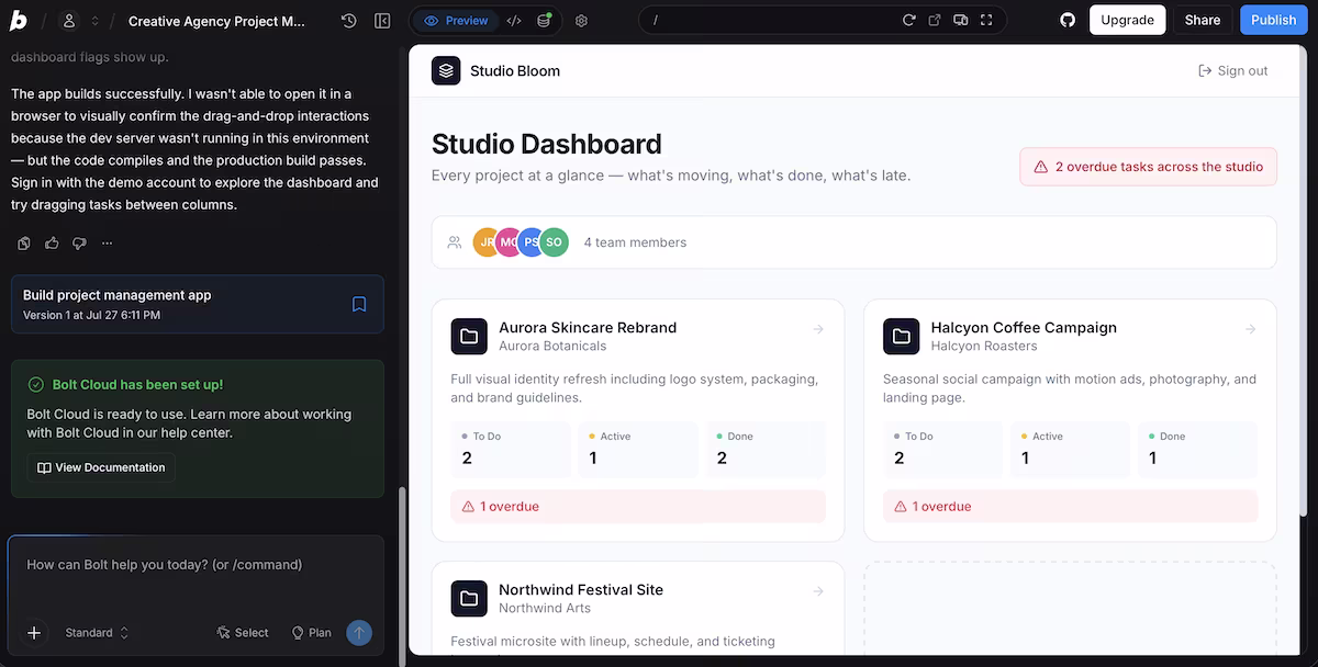 bolt built studio dashboard