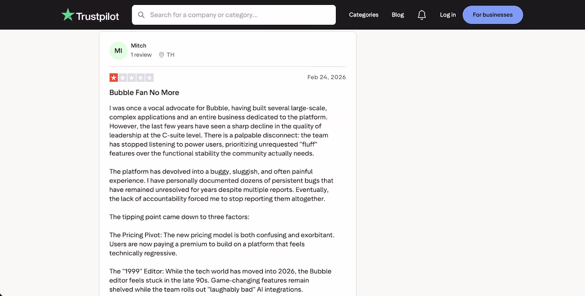 bubble user review on trustpilot