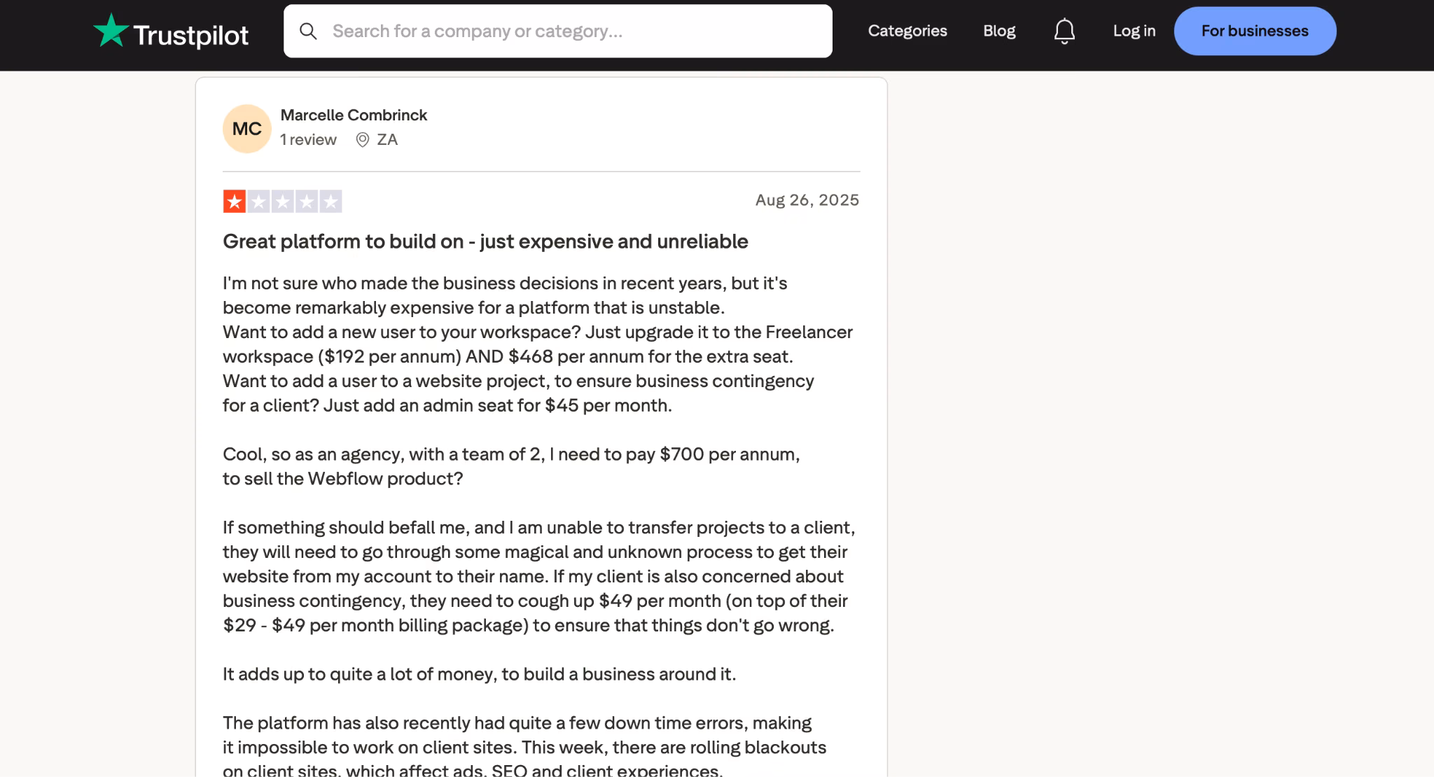 webflow user review on trustpilot