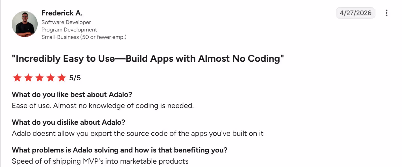 adalo g2 ease of use source code review