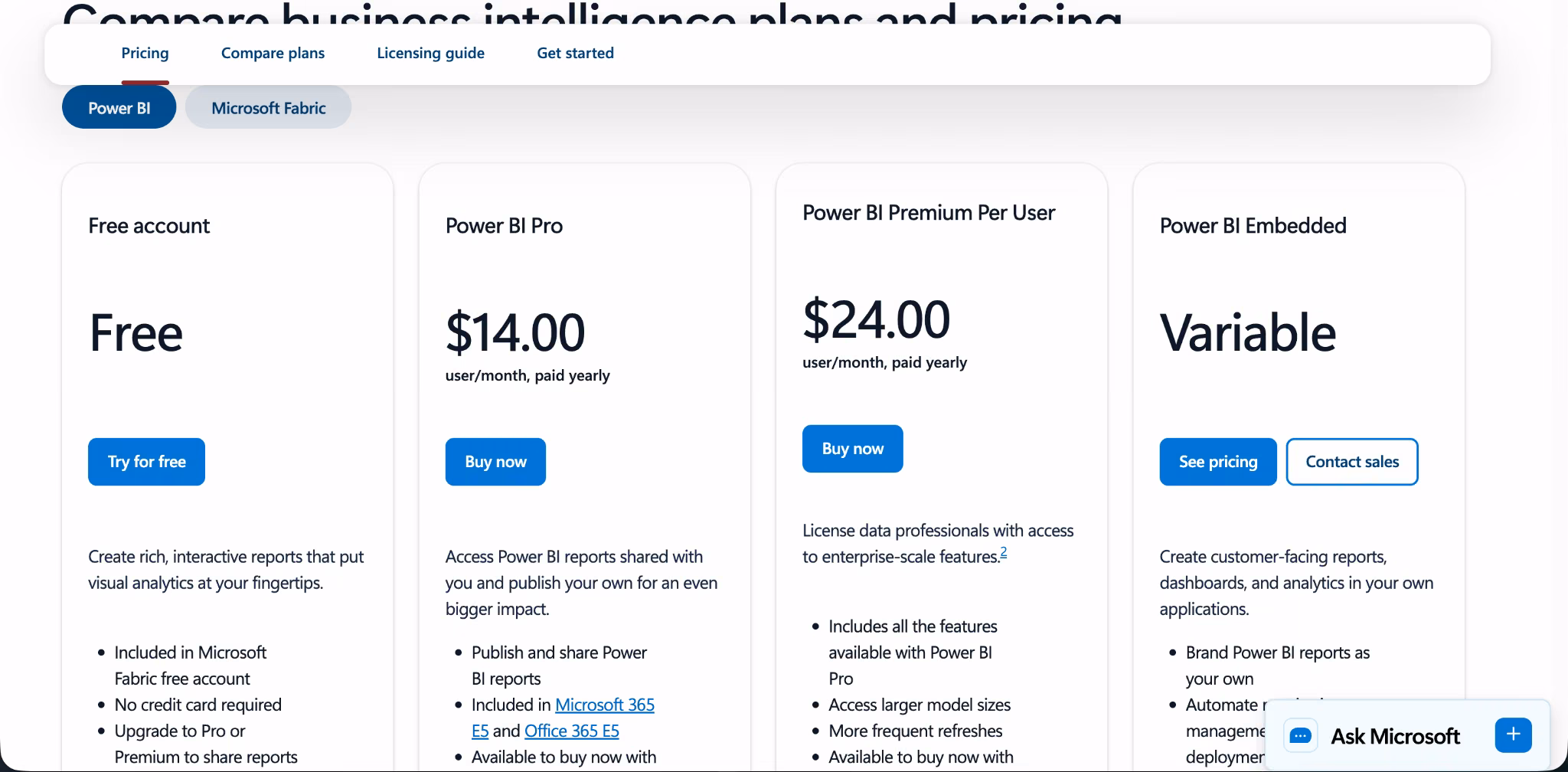 microsoft power bi pricing