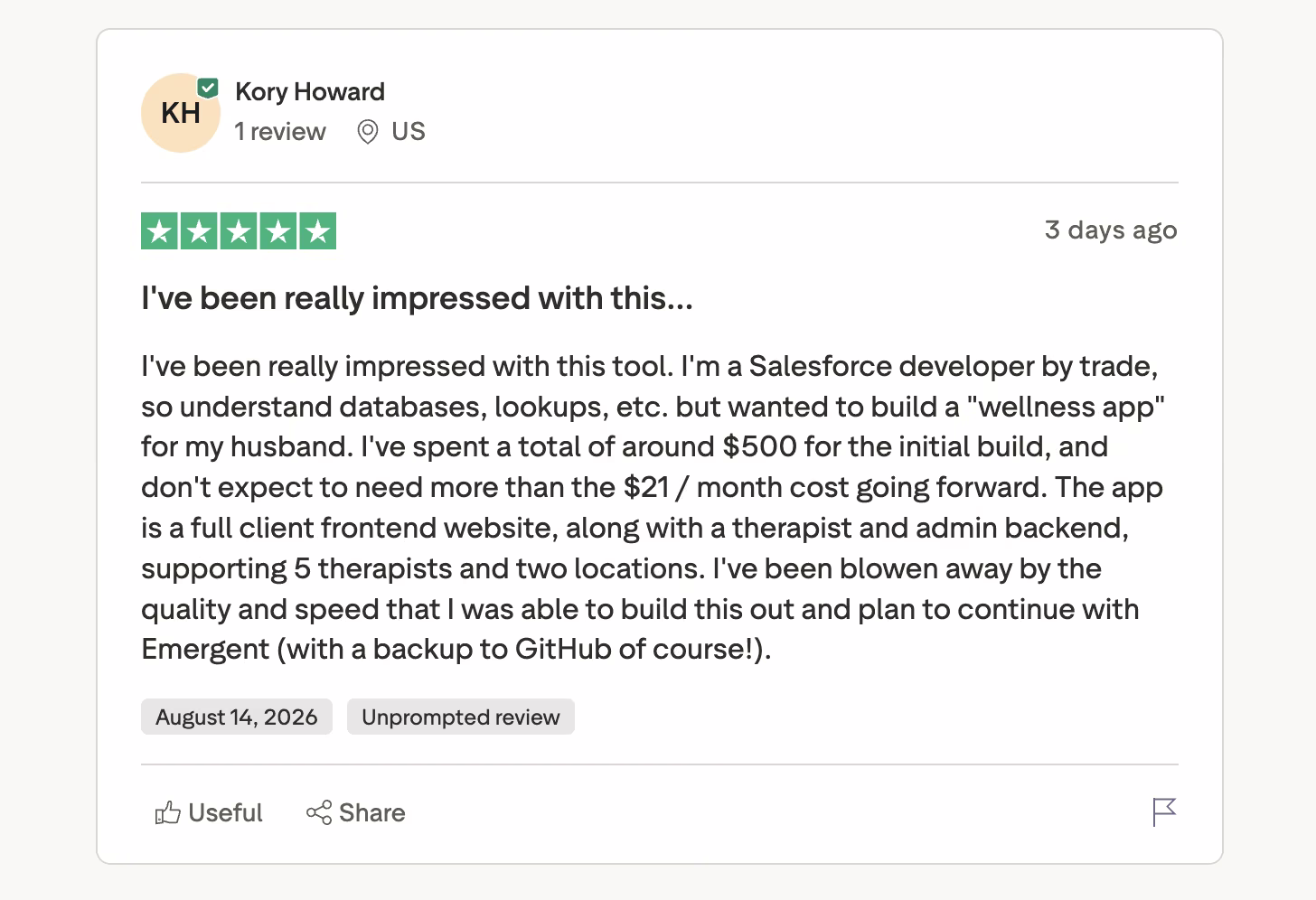 emergent user review kory