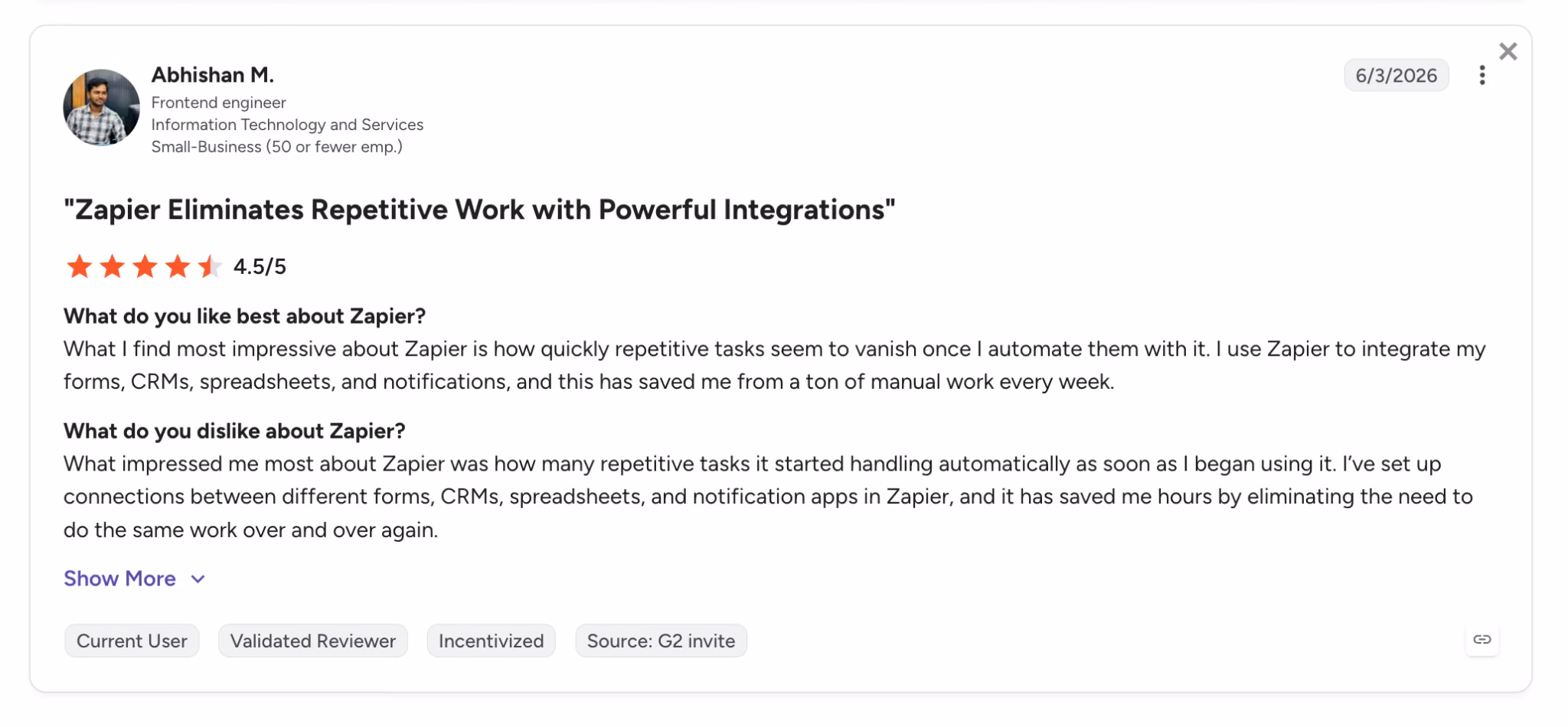 zapier user review abhishan