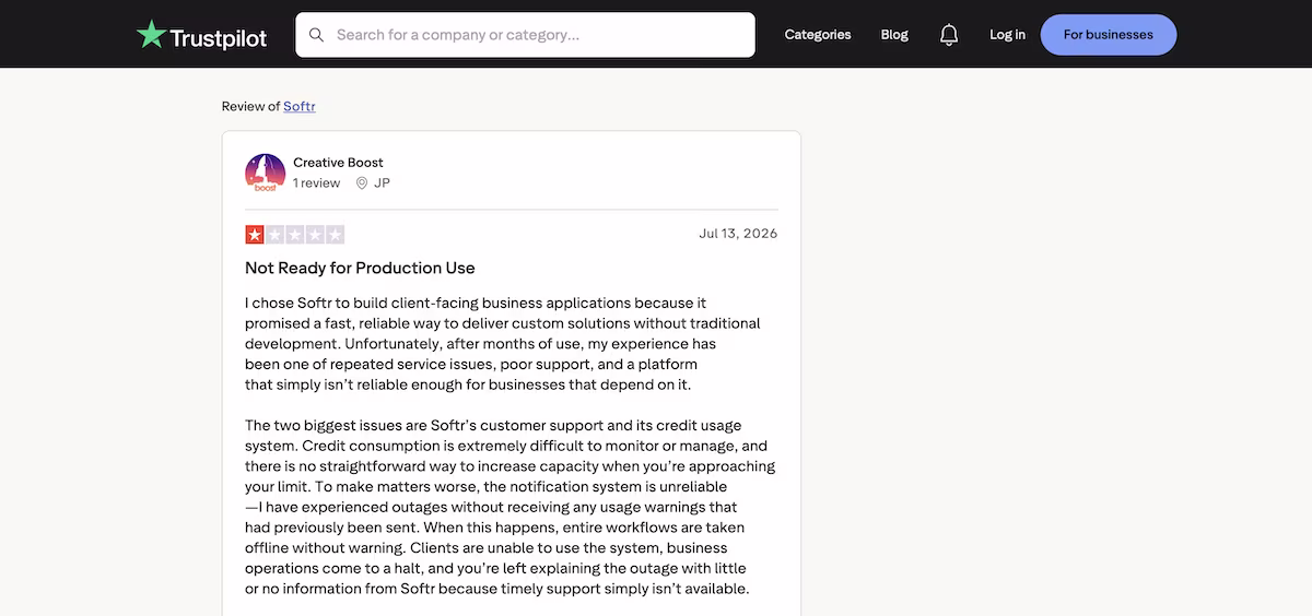 softr trustpilot review