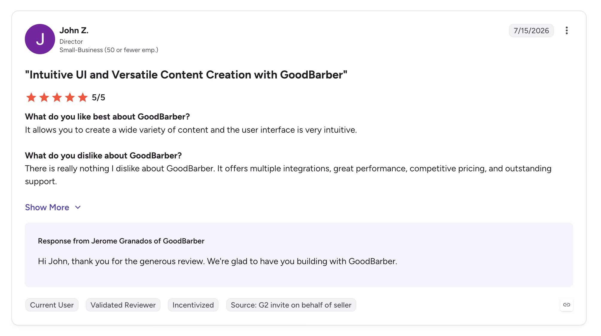 goodbarber reviews user review john