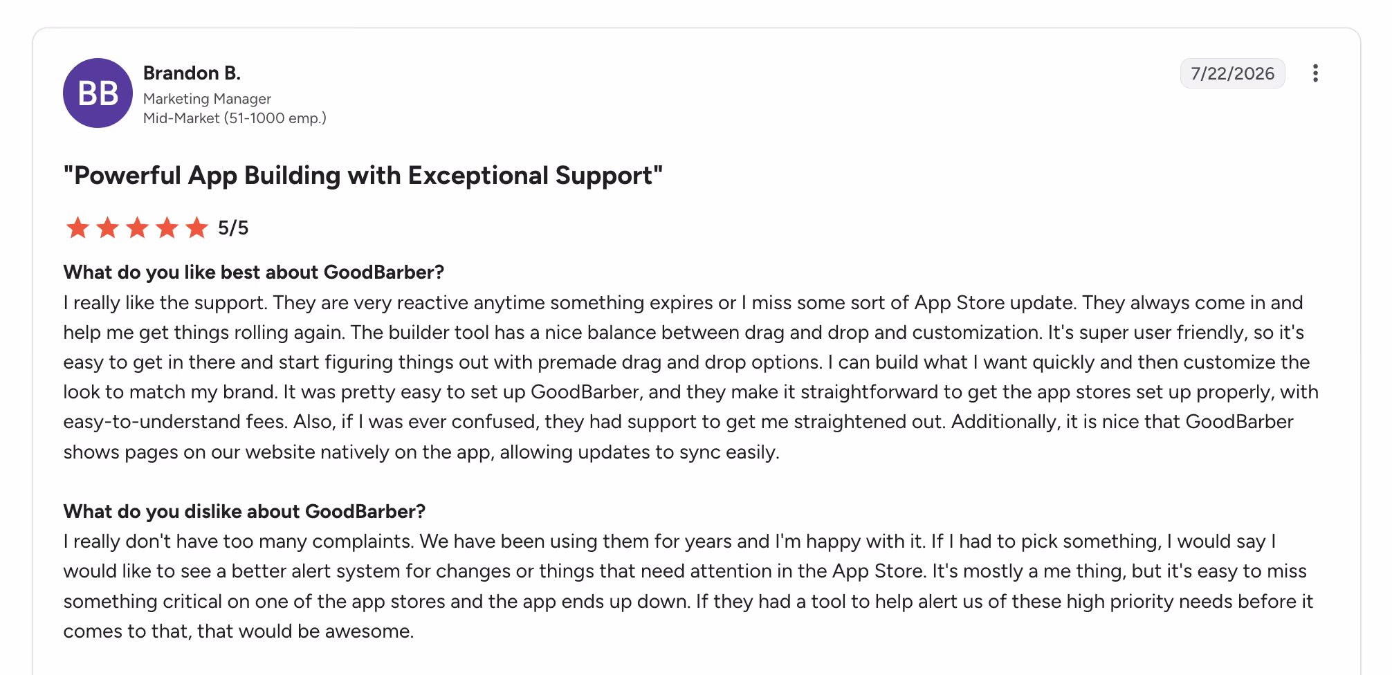 goodbarber reviews user review brandon
