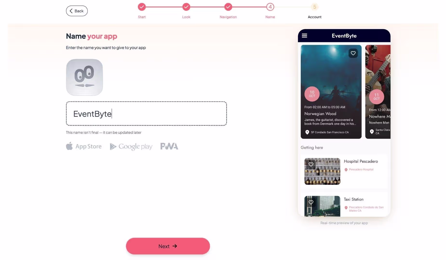 goodbarber app name email generated app link