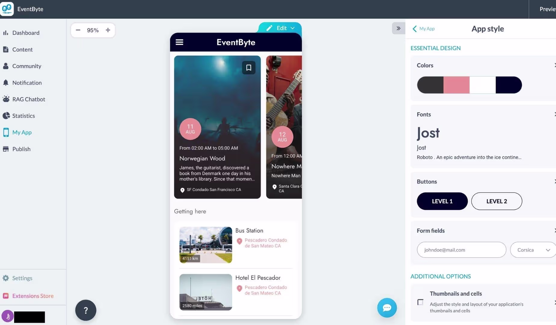 goodbarber dashboard app preview sections content design settings