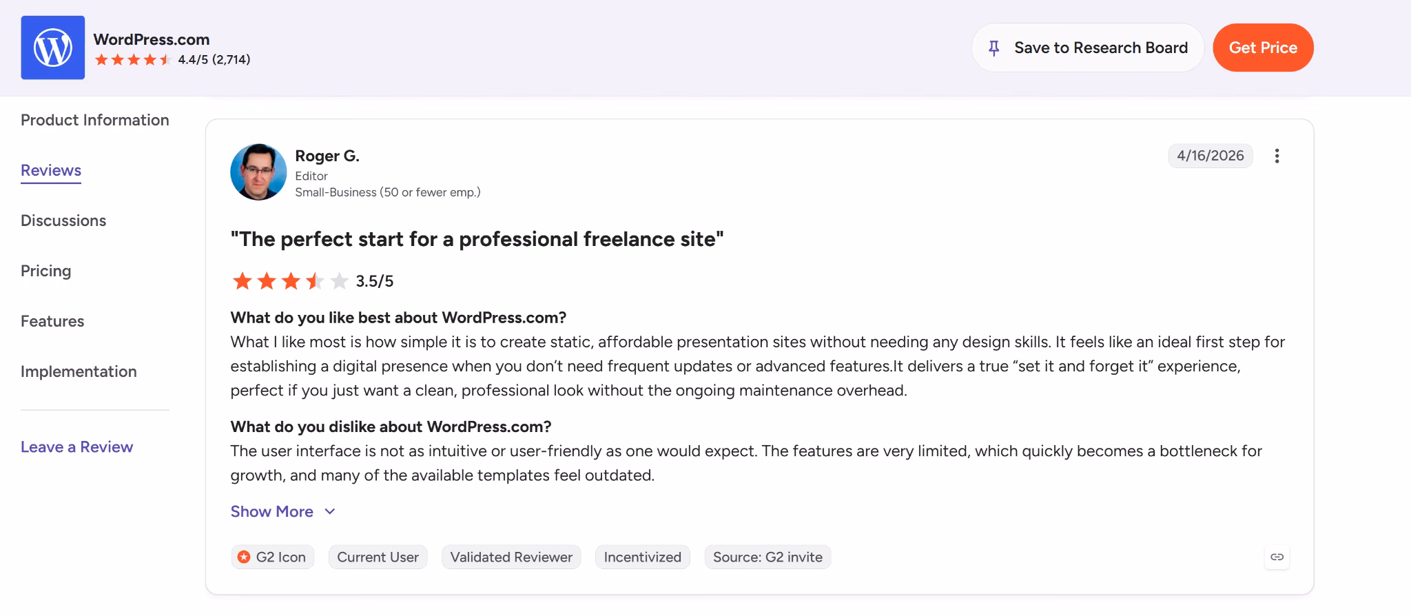 wordpress user review on g2