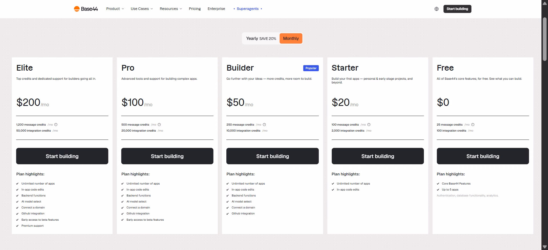 full pricing breakdown base44