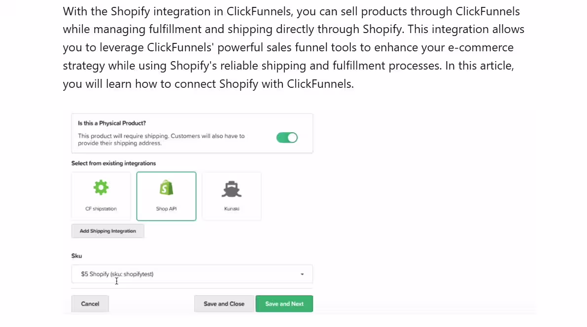 clickfunnel product setting with shopify selected