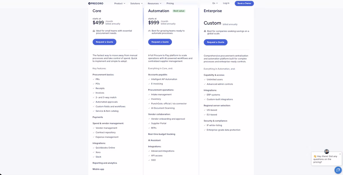 precoro pricing core plan