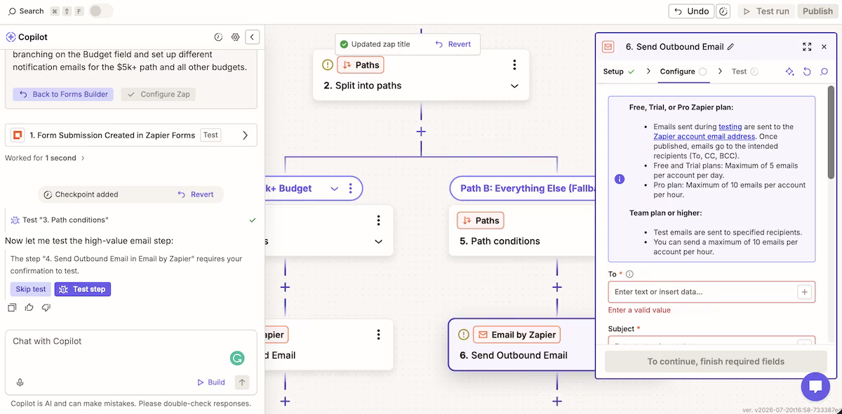 zapier email caps info panel