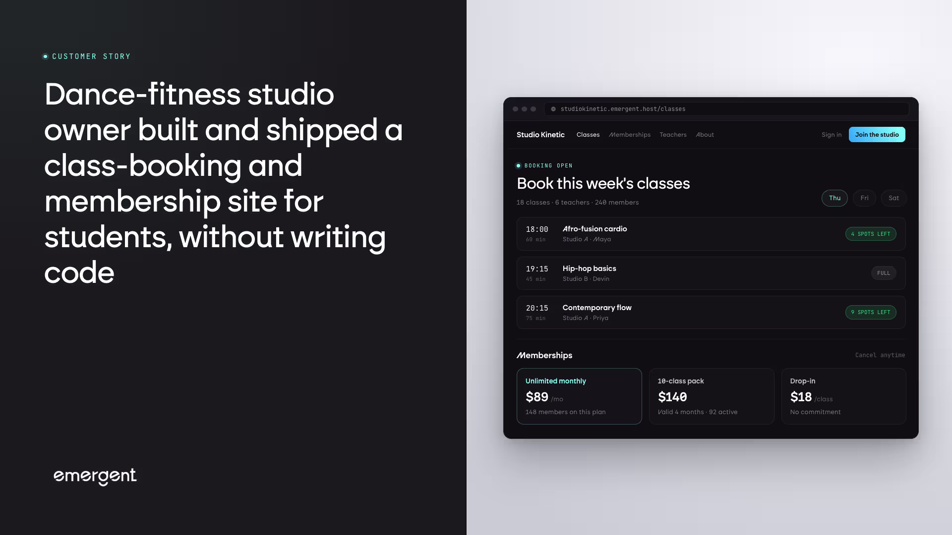 Dance-Fitness Studio Owner Built and Shipped a Class-Booking and Membership Site for Students, Without Writing Code