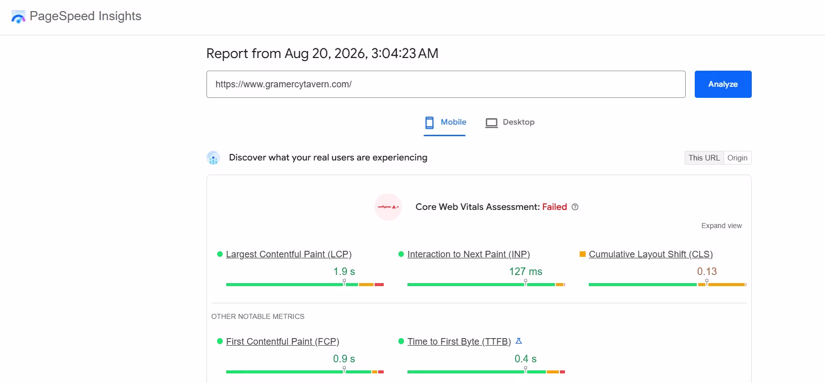 restaurant seo pagespeed mobile test