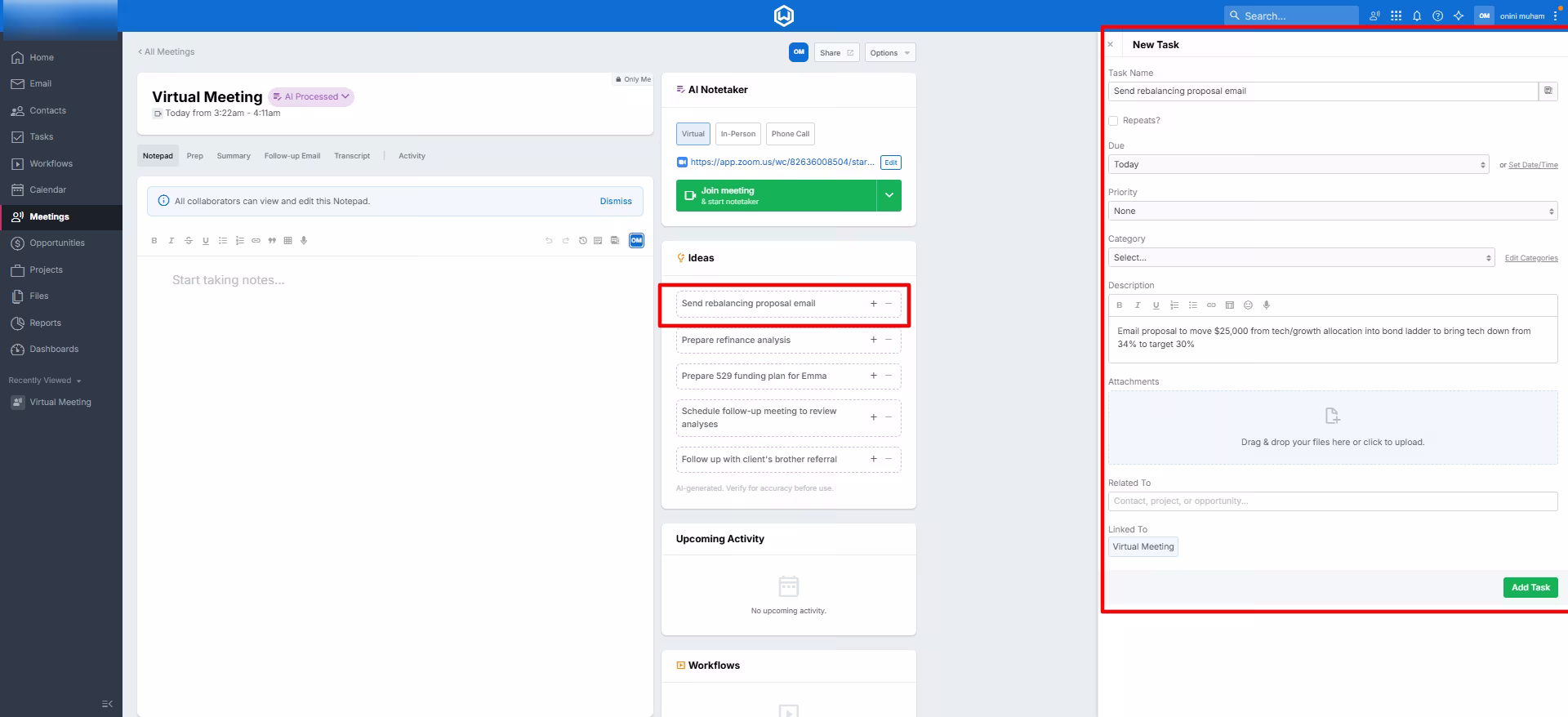 wealthbox new task panel