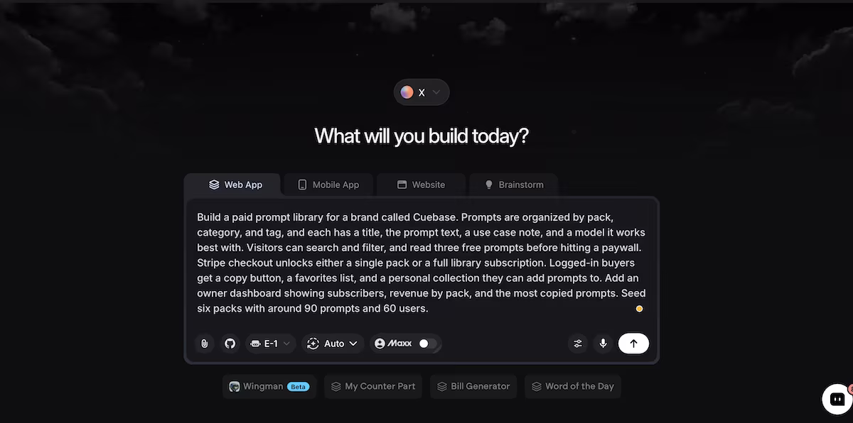 The Cuebase prompt on emergent app builder