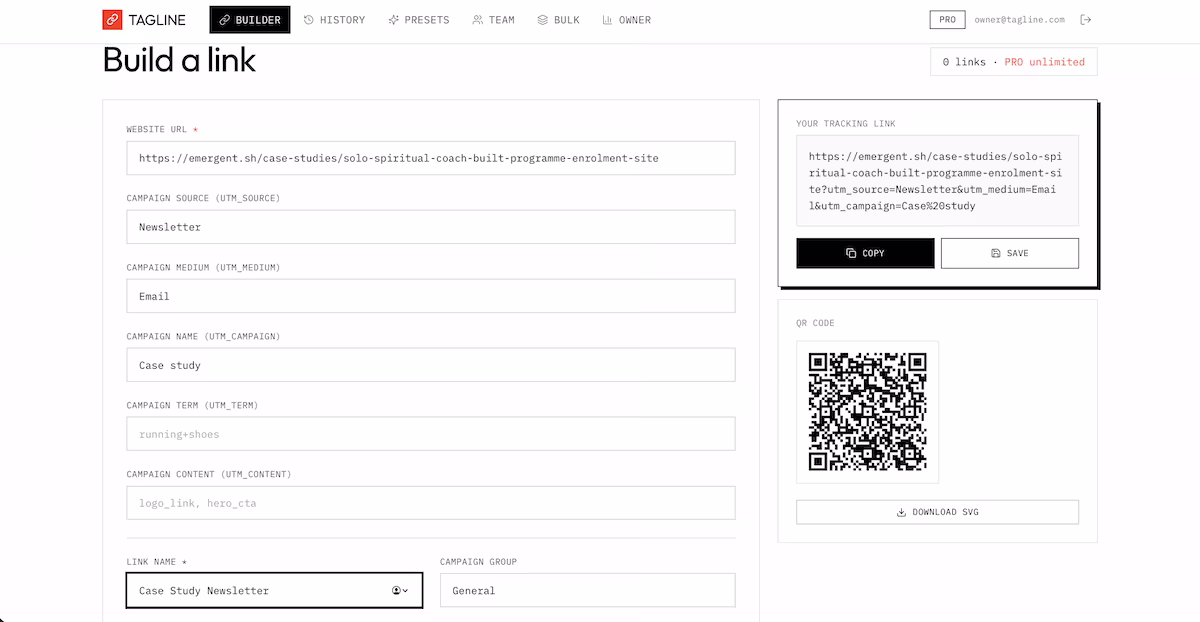 The Tagline builder, generating a tracking link and QR code.