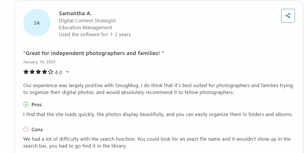 samantha a review about smugmug on capterra