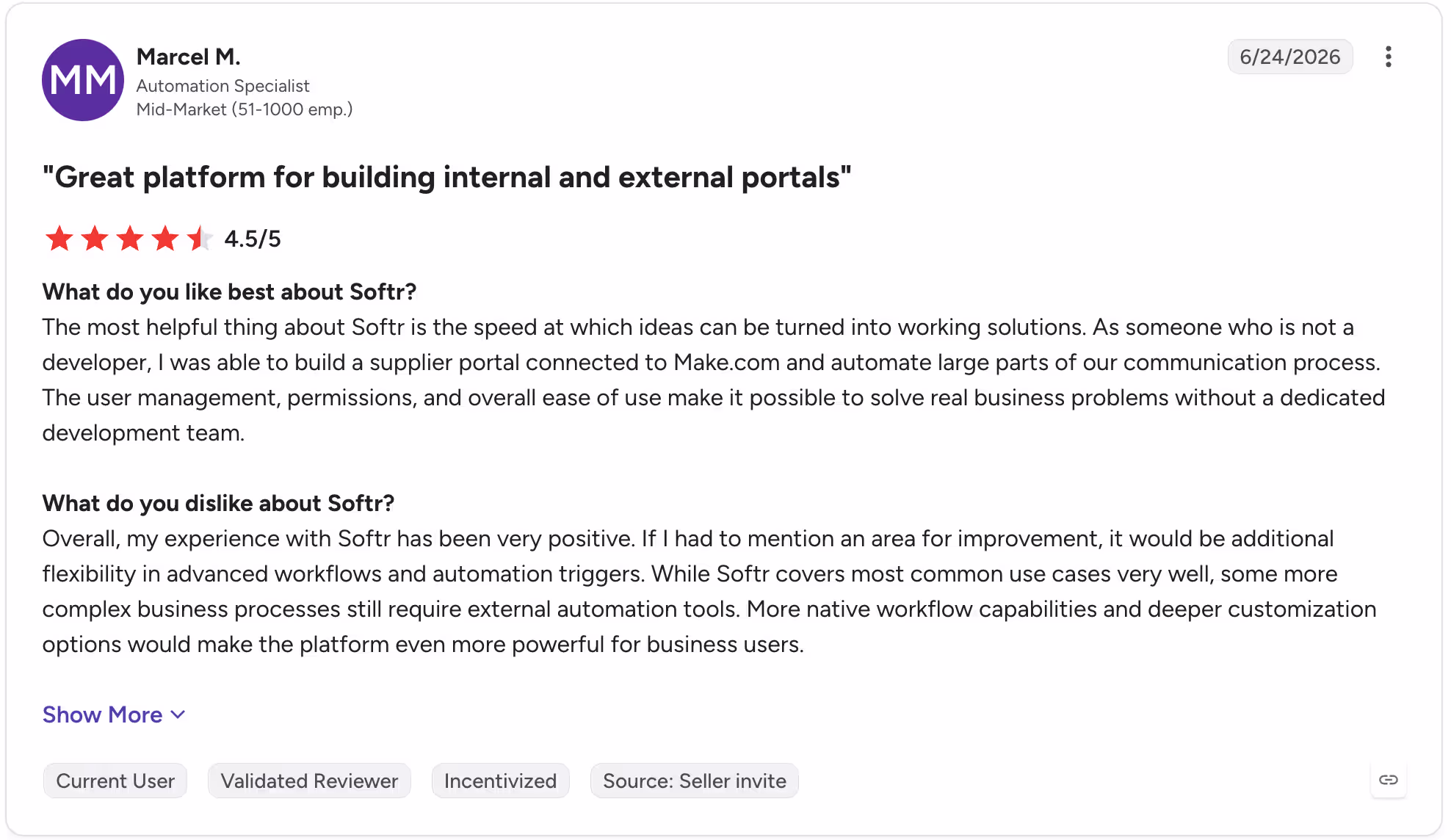 softr review by marcel on g2