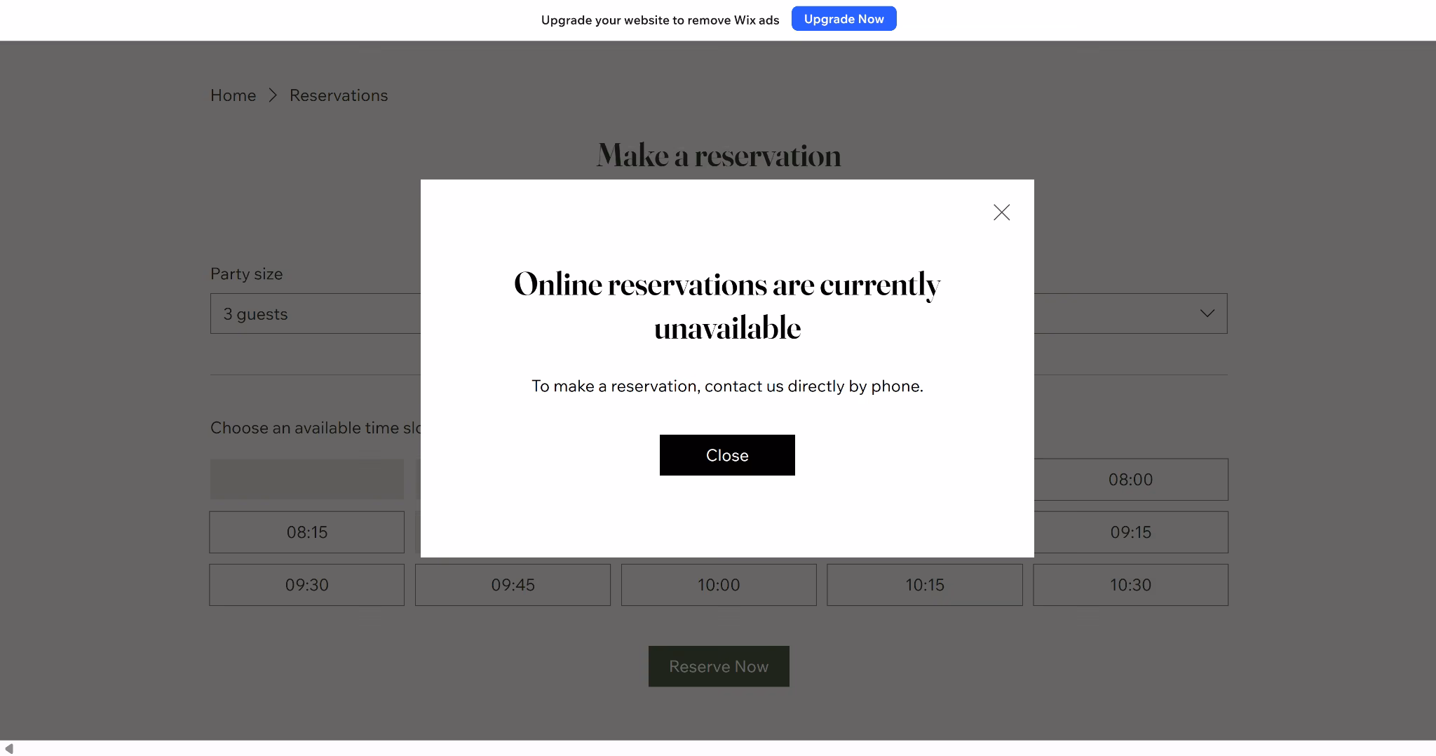 wix reservation unavailable