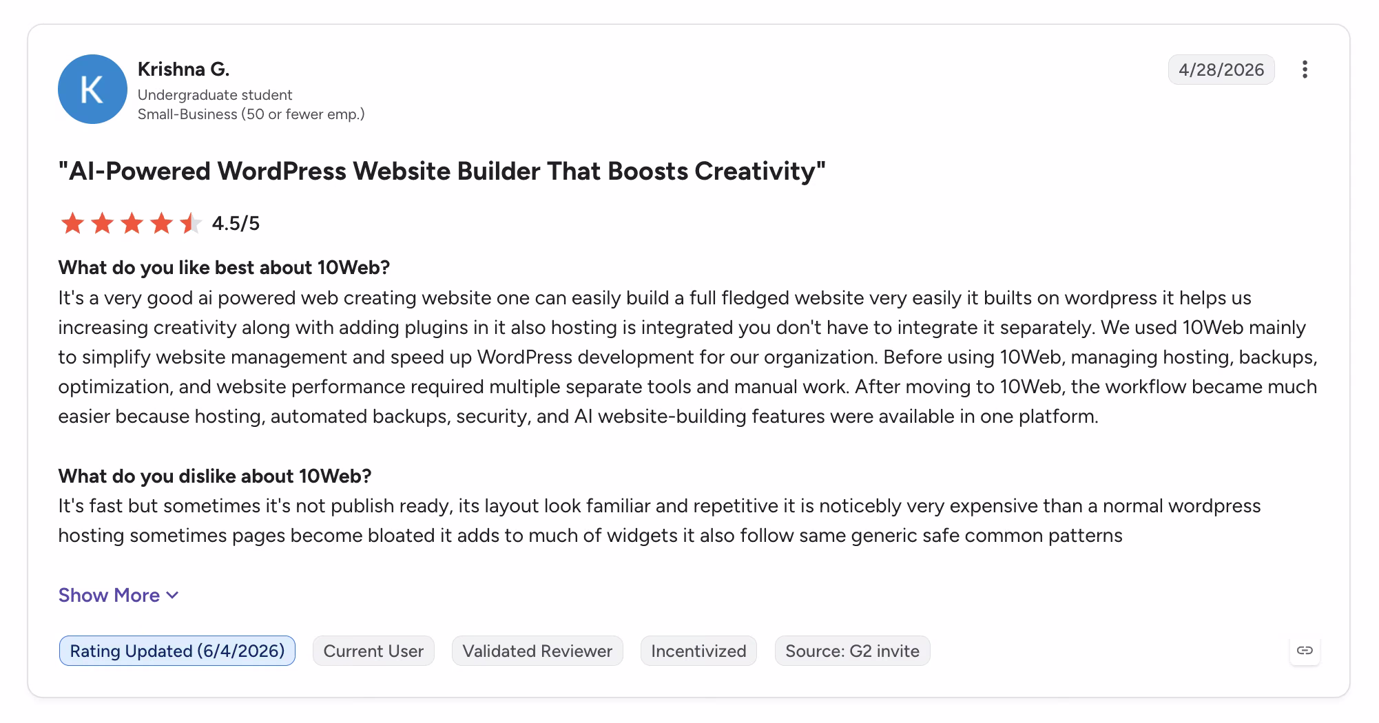 10web g2 review