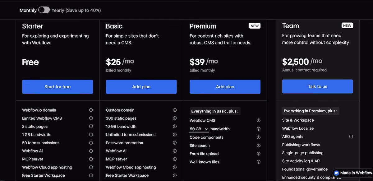 webflow pricing