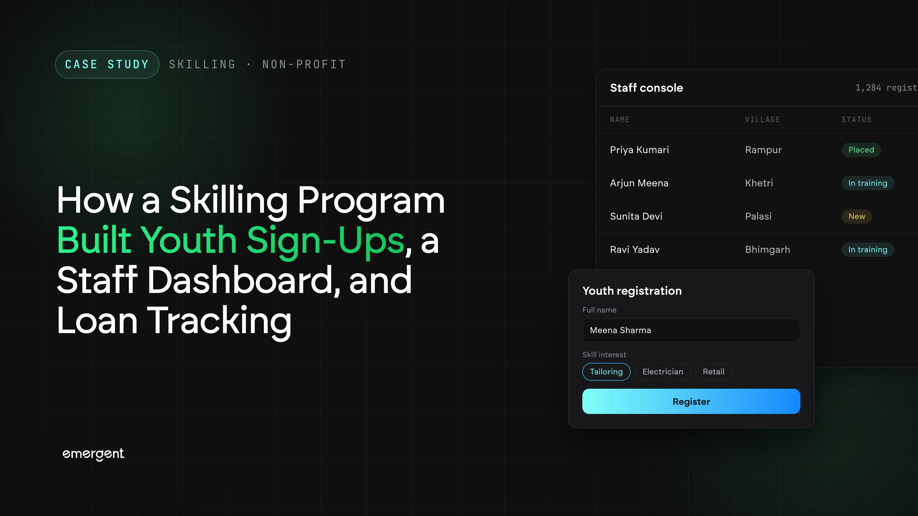 A Rural Skilling Program Built a Youth Registration Portal and Staff Console for Village Job Seekers