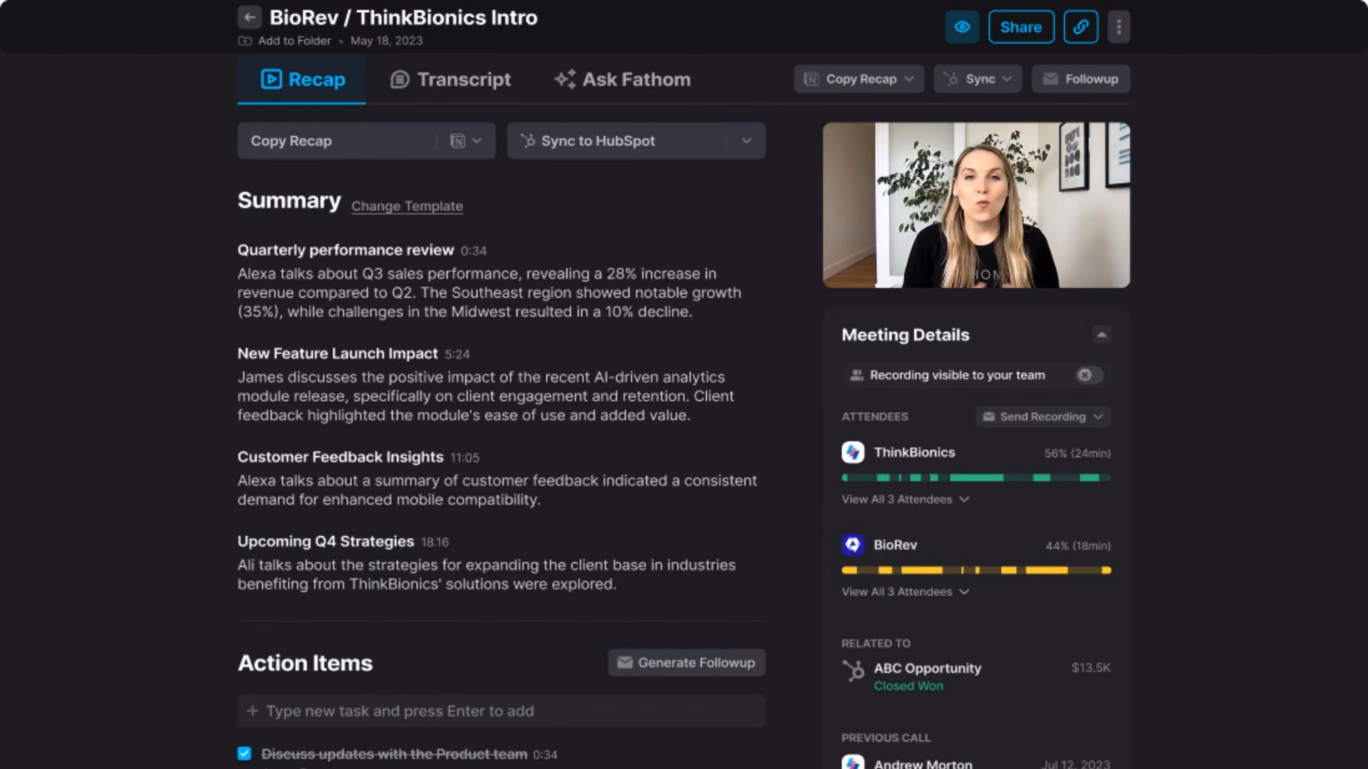 fathom best for free session recording and notes