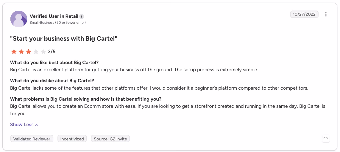 big cartel g2 review