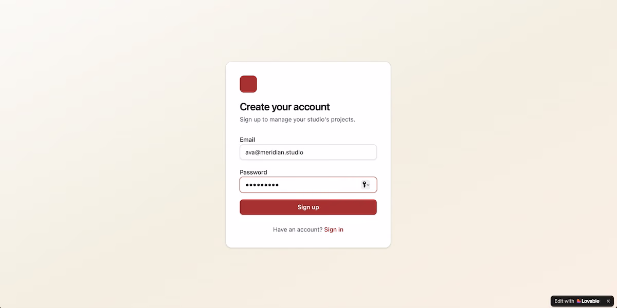 Lovable's sign-up form, with the rejected password outlined in red.