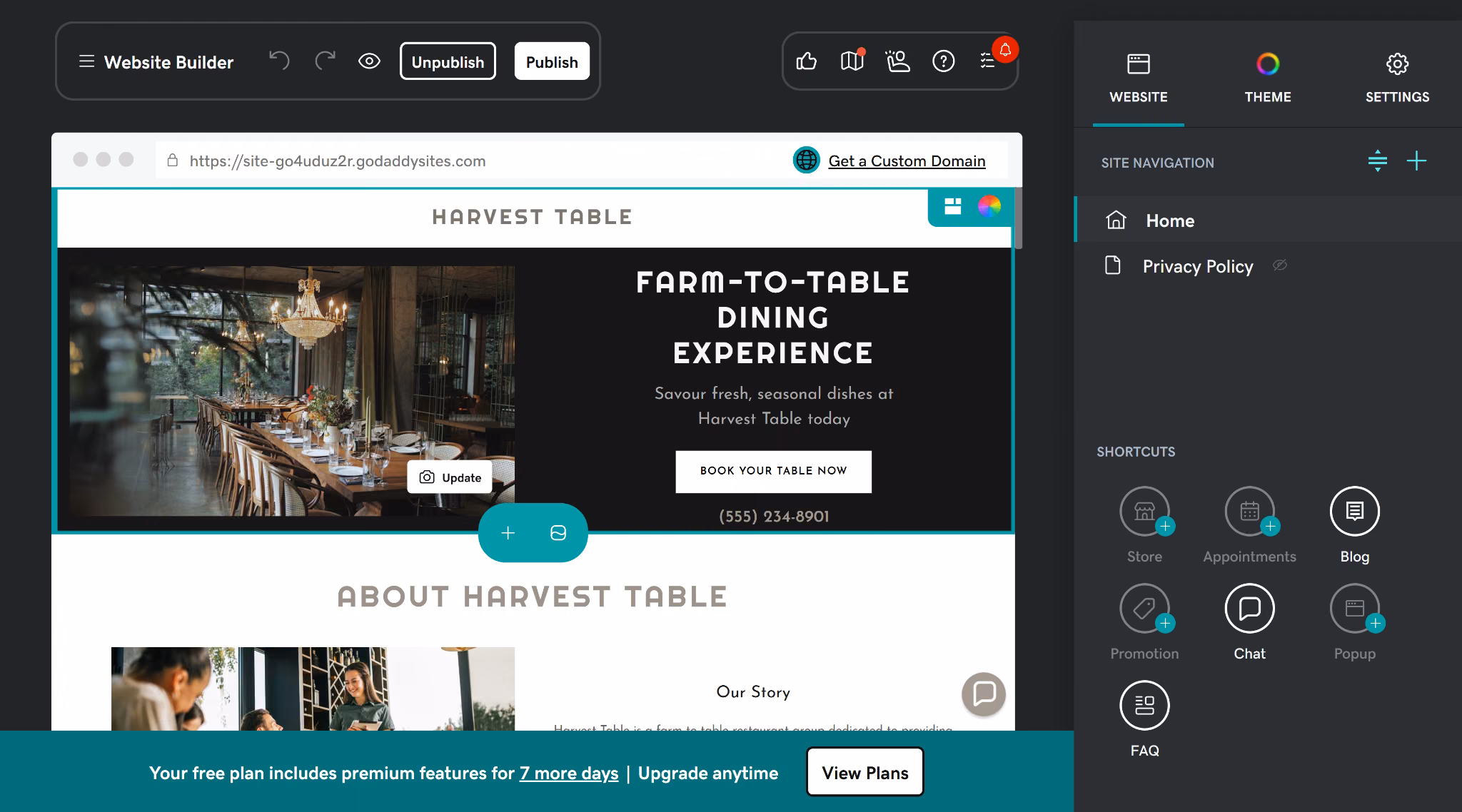 godaddy free restaurant website builder