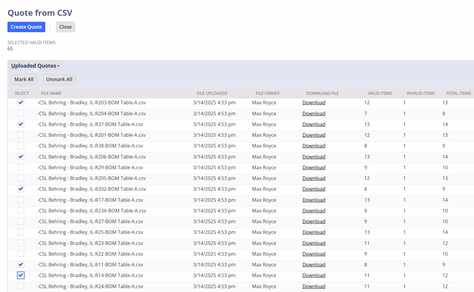 Quote from CSV screen listing uploaded BOM CSV files with valid, invalid, and total item counts, with six files selected to create a quote