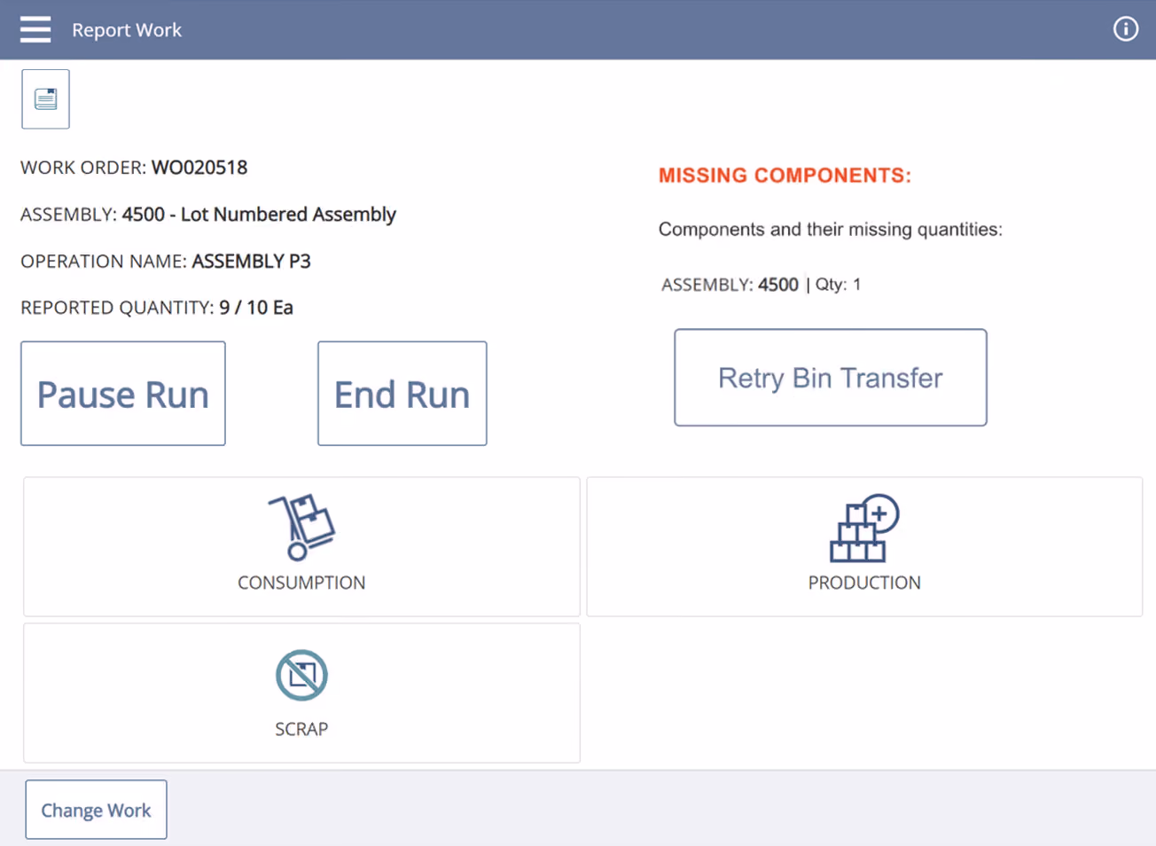 NetSuite SCM Mobile work-order screen with production actions and a missing-components warning.