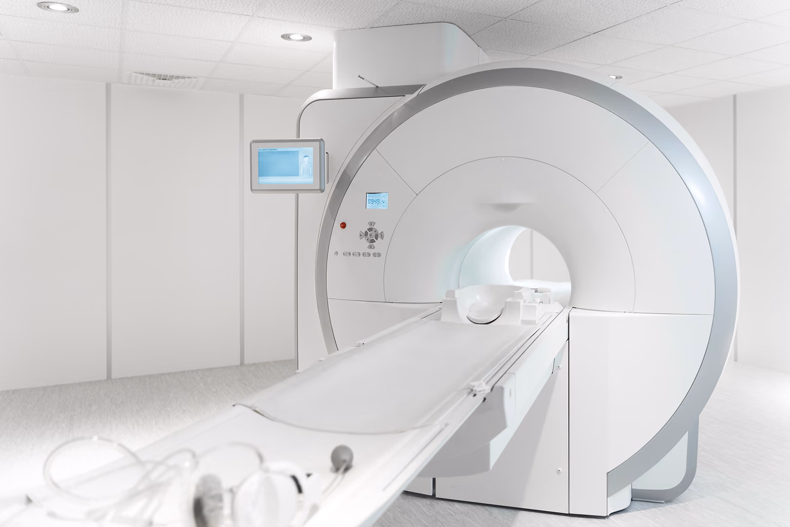 MRI scanner with its patient table extended in a bright, white hospital imaging room - NetSuite for Healthcare